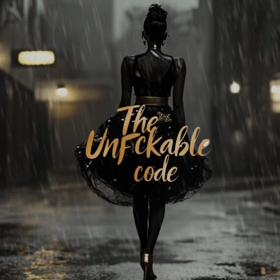 A powerful Black woman walking confidently in the rain wearing a black and gold dress, representing The Unfuckable Code — a transformative code for women reclaiming identity, purpose, and power.