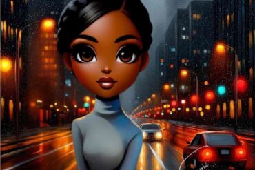 A cinematic image representing bold messy magnetic relationships, showing a woman caught between desire and reflection, illuminated by city lights and emotional tension.